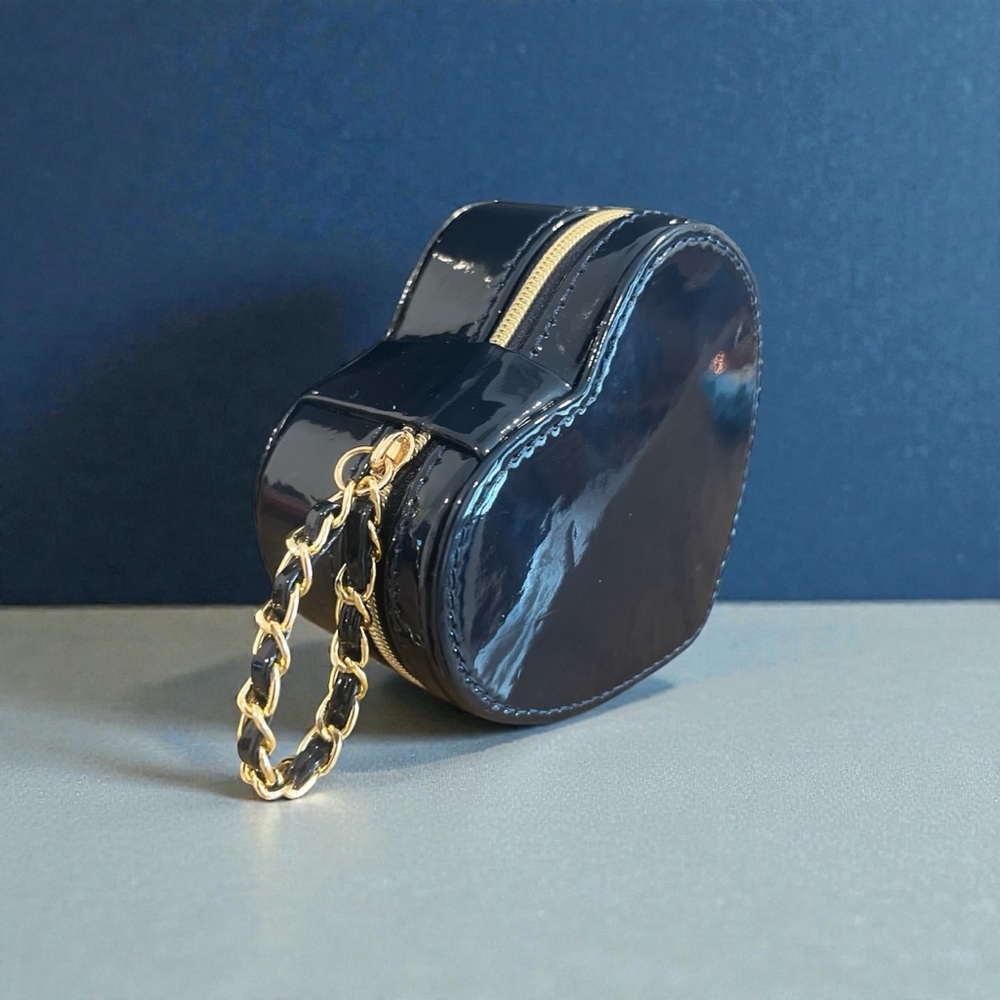 Heart-Shaped Navy Patent Leather  Mini Jewelry Case w/ Zip Around Gold Chain